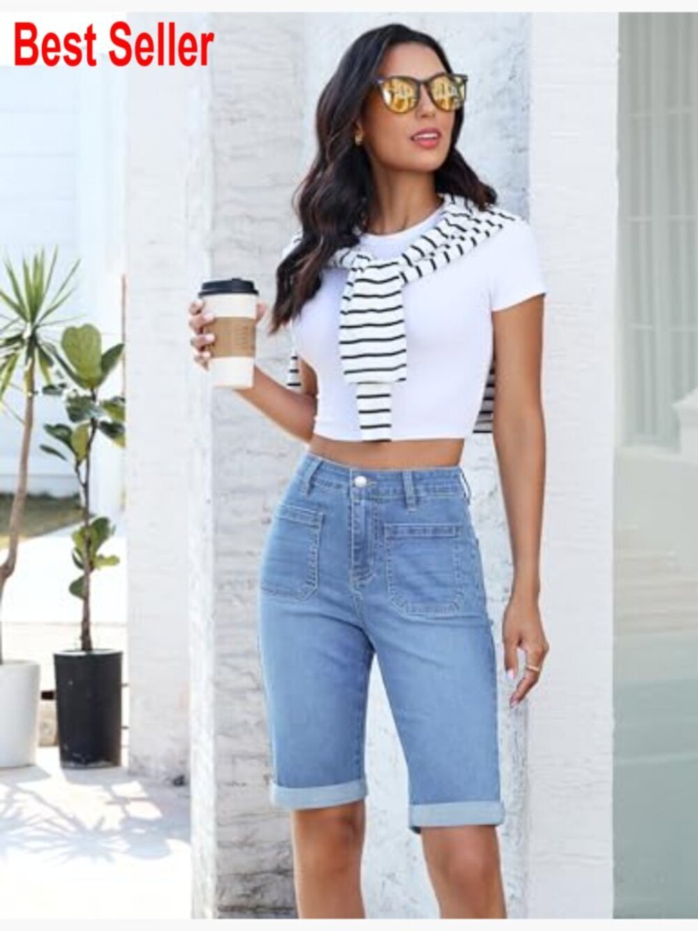 High Waisted Denim Bermuda Shorts with Patch Pockets and Fold Hem - Picture 5 of 7